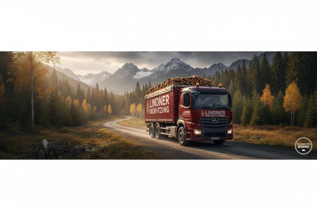 Ein LINDNER UBERHITZUNG-Lkw liefert Brennholz in einem abgelegenen Gebiet. Bildgröße: 600 x 100 Pixel